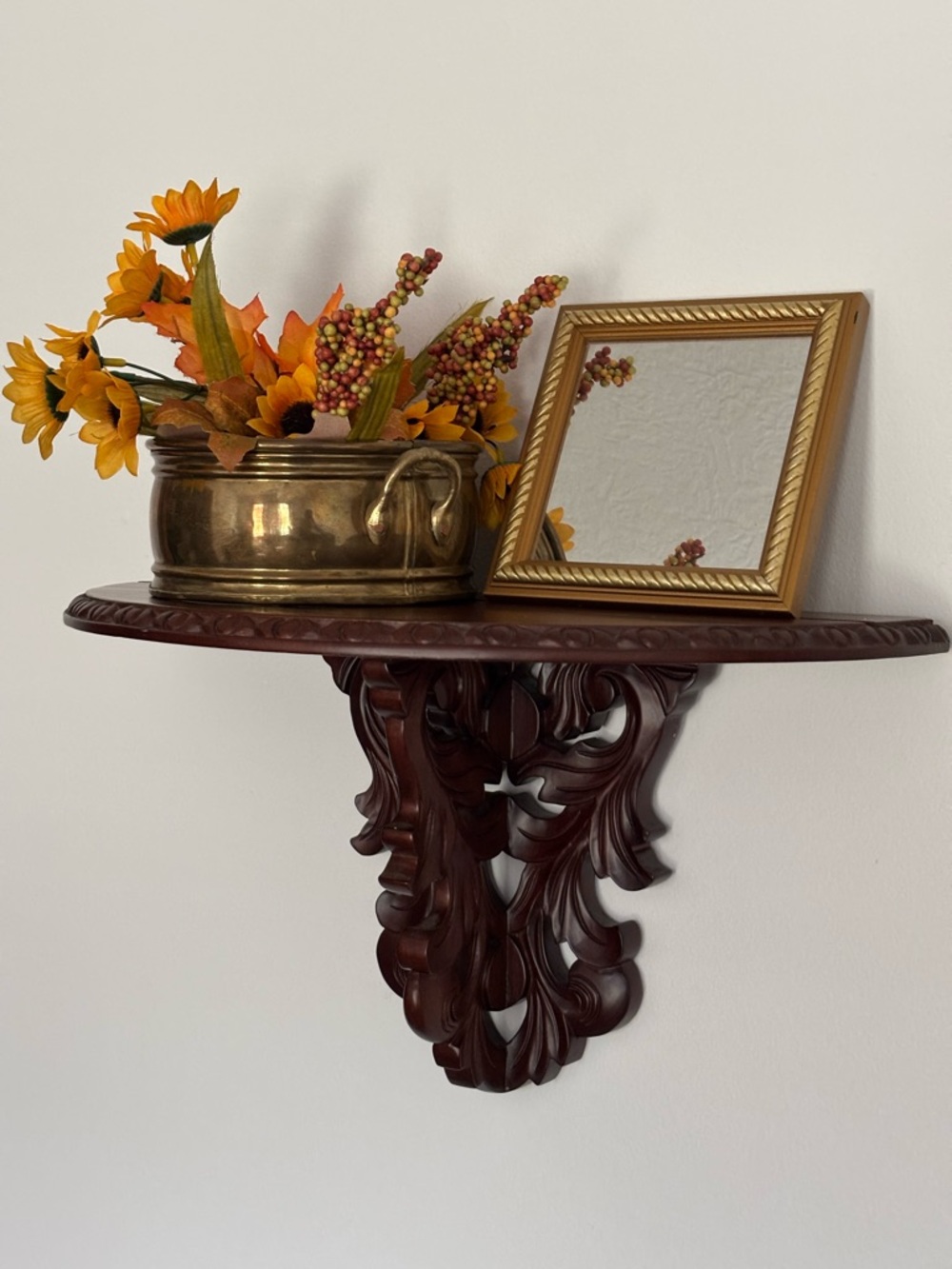 Ornate Rococo Style Carved Dark Wood Wall Sconce Shelf w Picture Ledge
